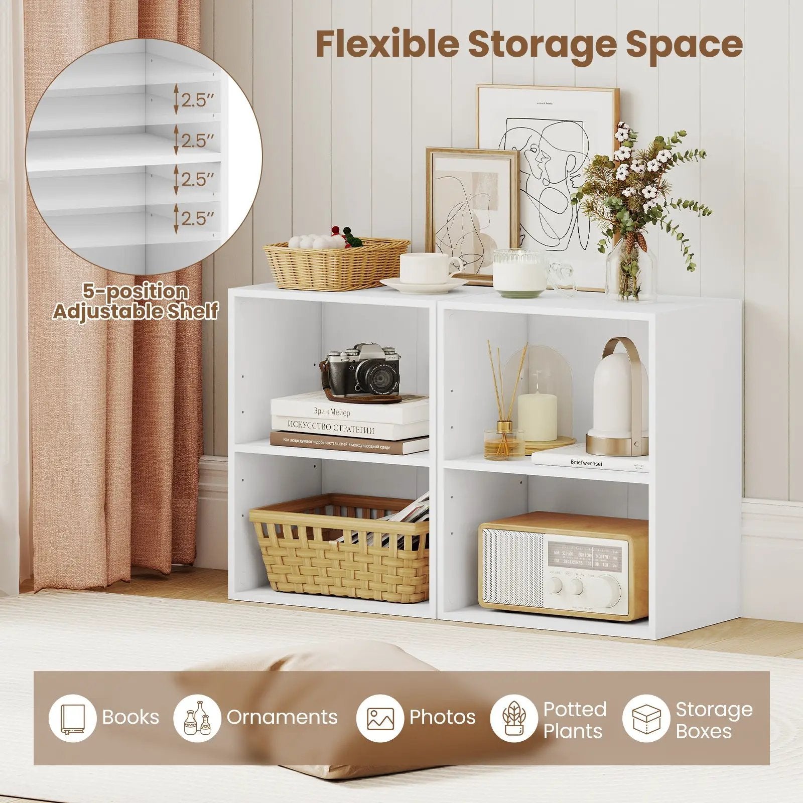 2-Cube Bookcase Floor Standing Open Bookshelf with 5-Position Adjustable Shelf by DirectDeals
