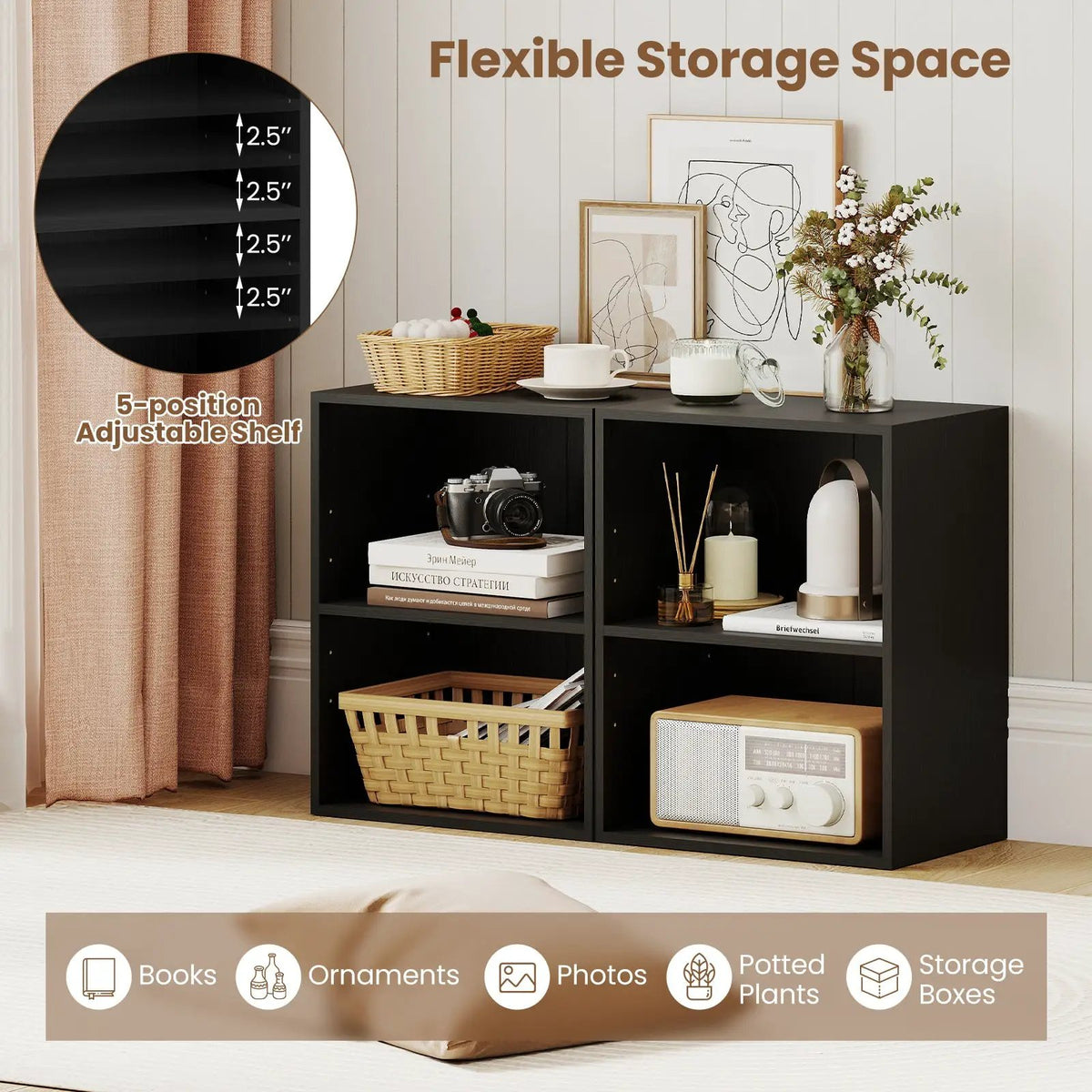 2-Cube Bookcase Floor Standing Open Bookshelf with 5-Position Adjustable Shelf by DirectDeals