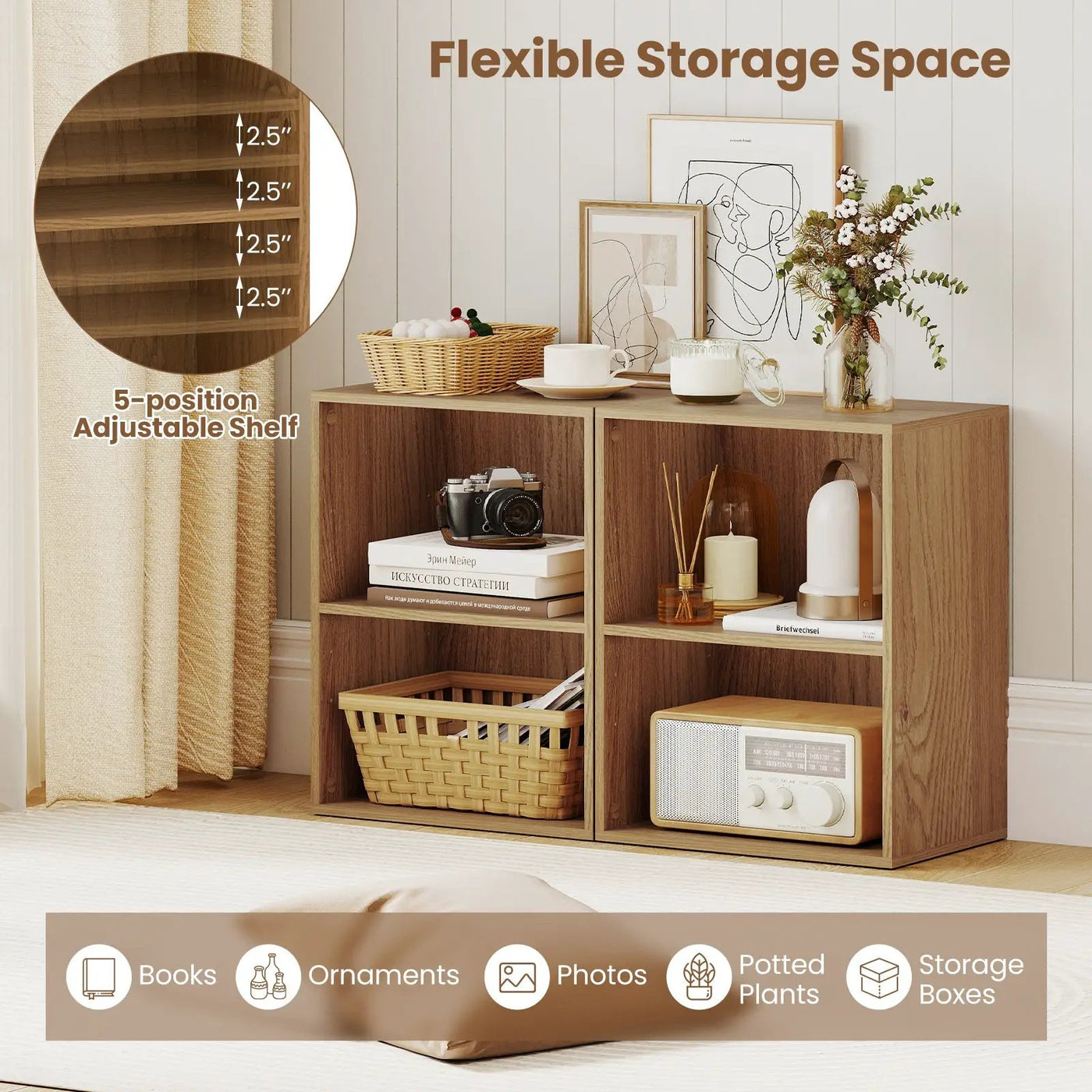 2-Cube Bookcase Floor Standing Open Bookshelf with 5-Position Adjustable Shelf by DirectDeals