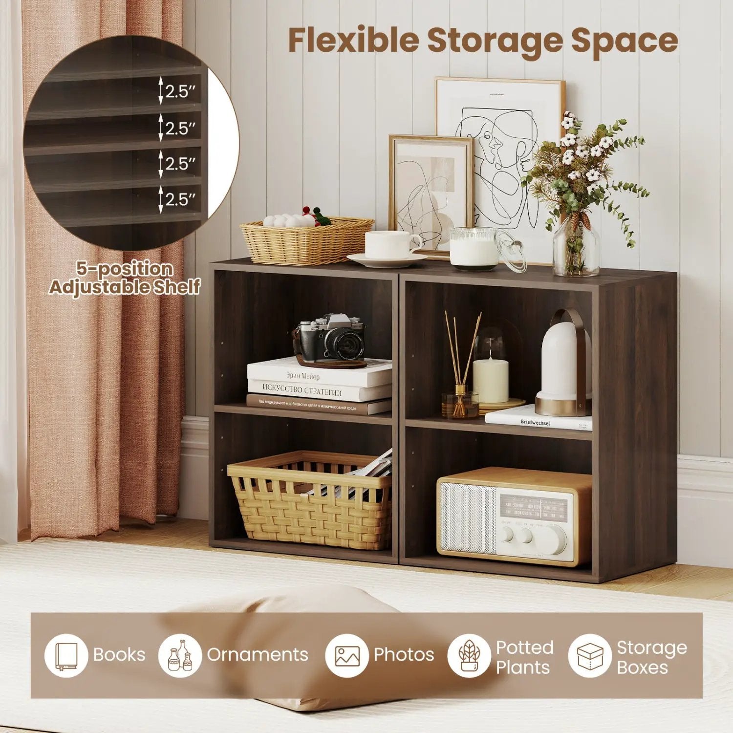 2-Cube Bookshelf with Adjustable Shelf - Dark Walnut by DirectDeals