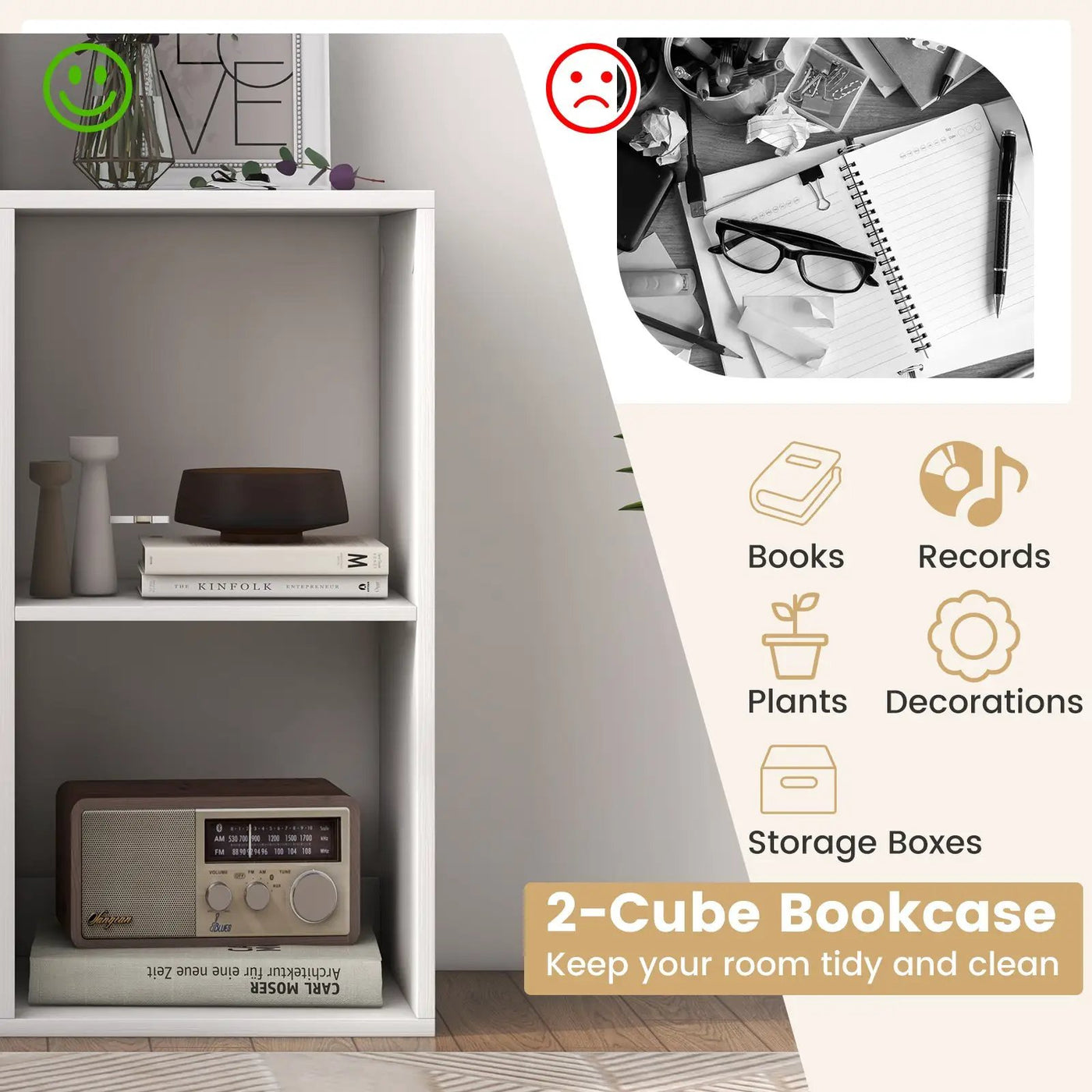 2 Cube Bookshelf with Back Guardrail for Living Room Bedroom by DirectDeals