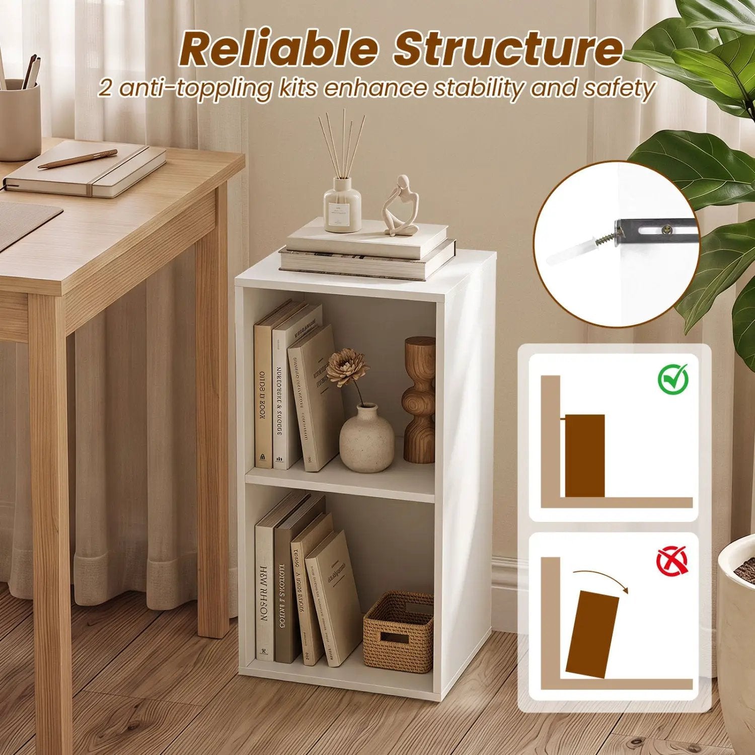 2-Cube Bookshelf with Anti-Tipping Kit - White by DirectDeals