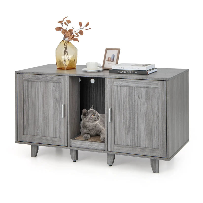 2-Door Cat Litter Box Enclosure with Winding Entry and Scratching Board by DirectDeals