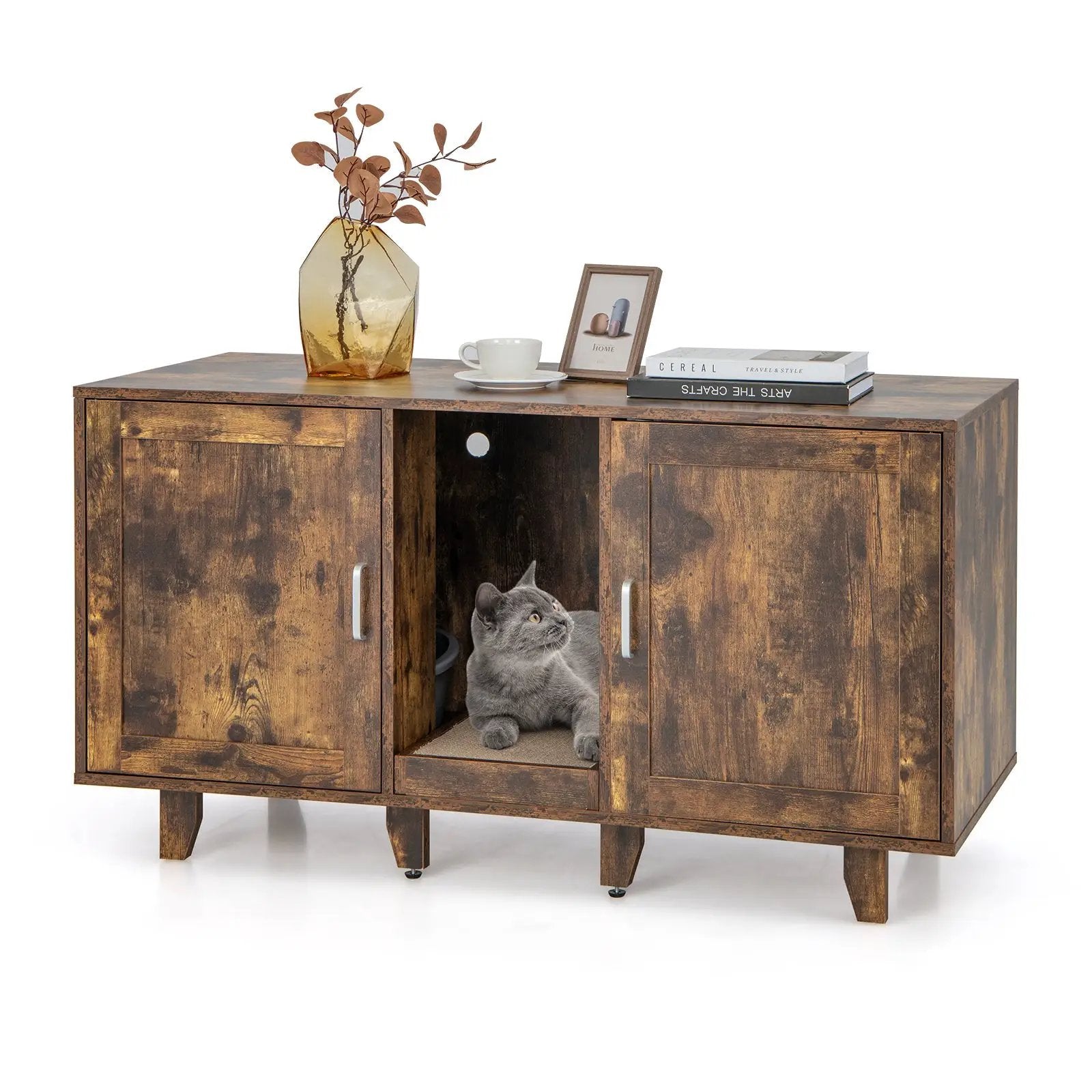 2-Door Cat Litter Box Enclosure with Winding Entry and Scratching Board by DirectDeals