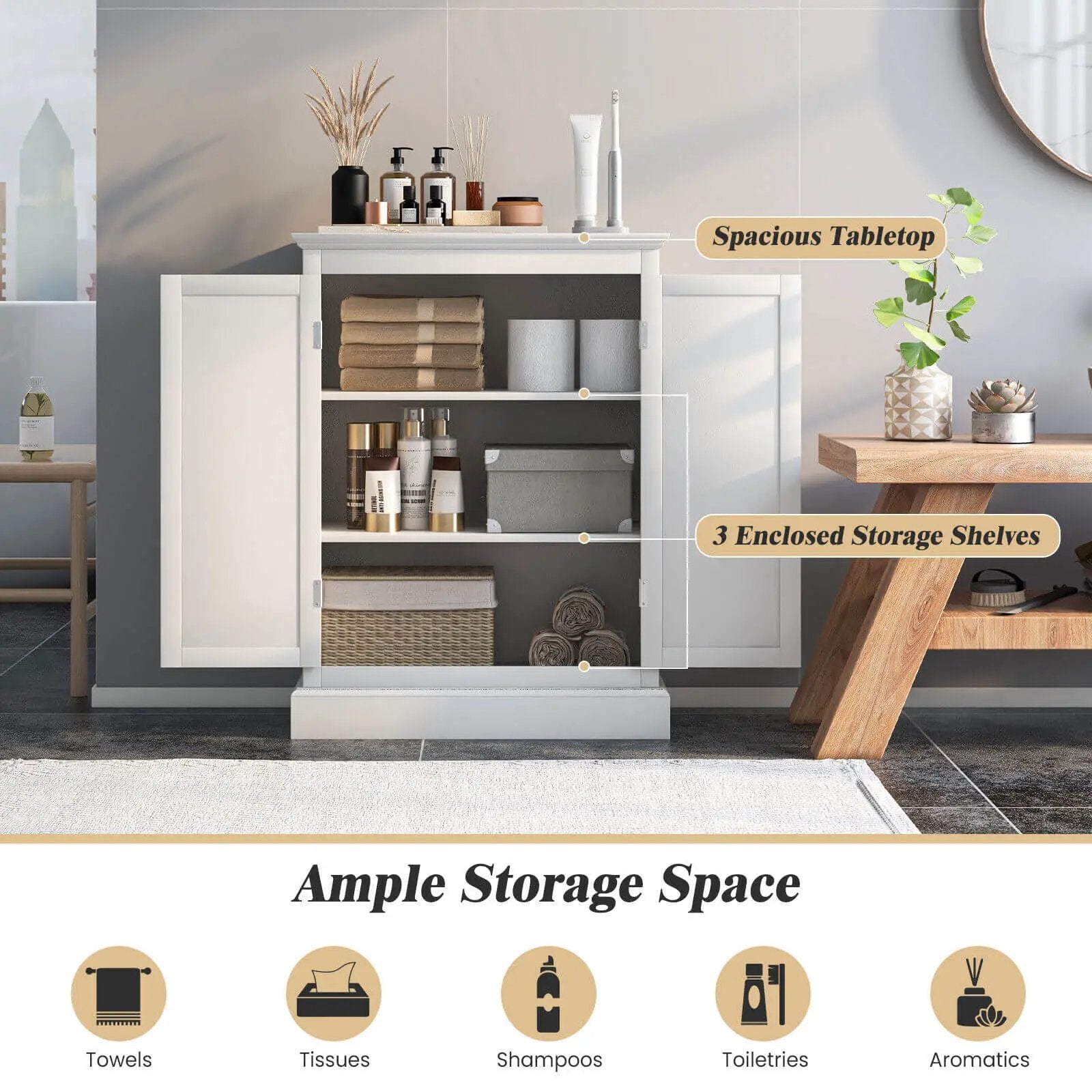 2-Door Freestanding Bathroom Cabinet with Adjustable Shelves-White by DirectDeals