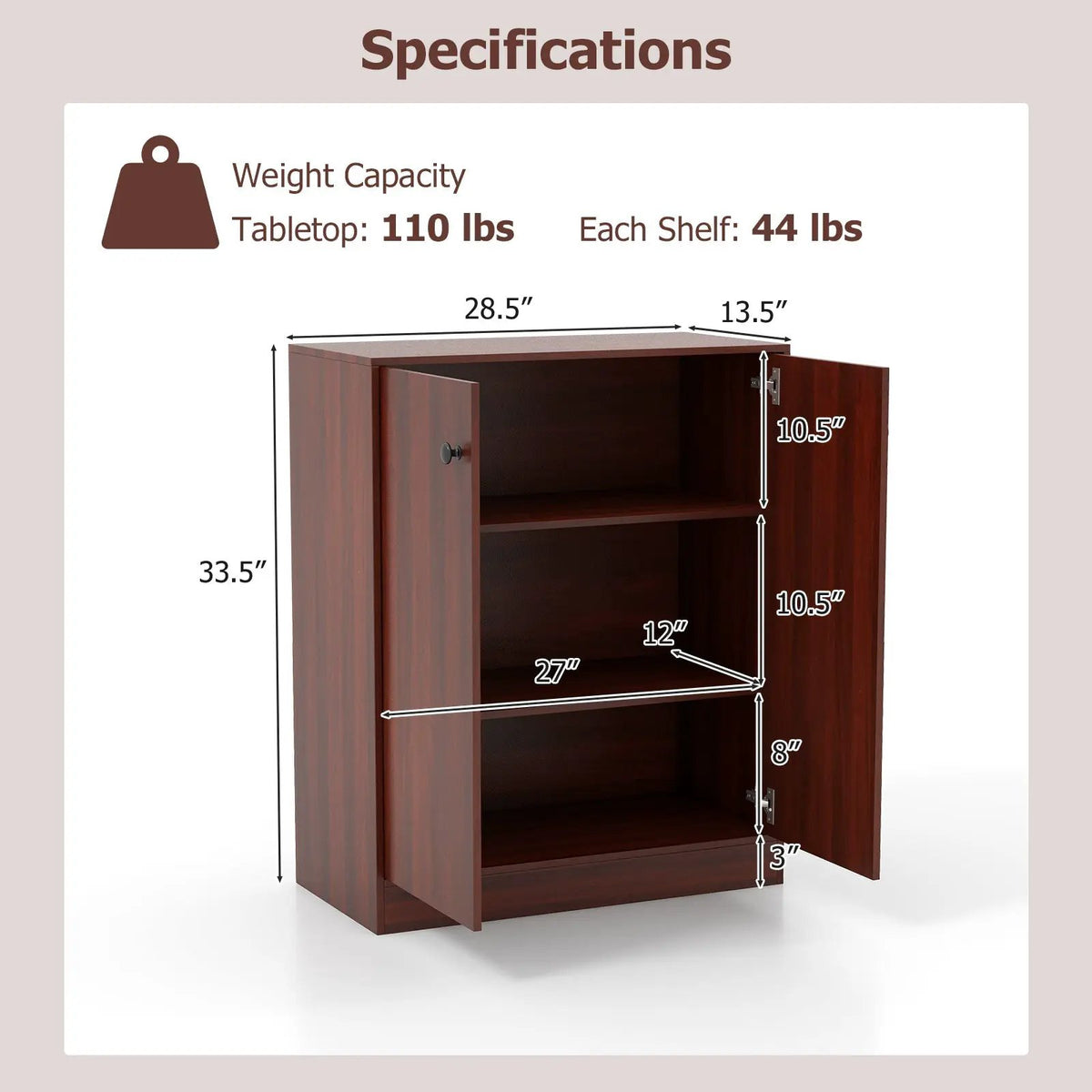 2-Door Modern Floor Storage Cabinet with 3-Tier Shelf by DirectDeals