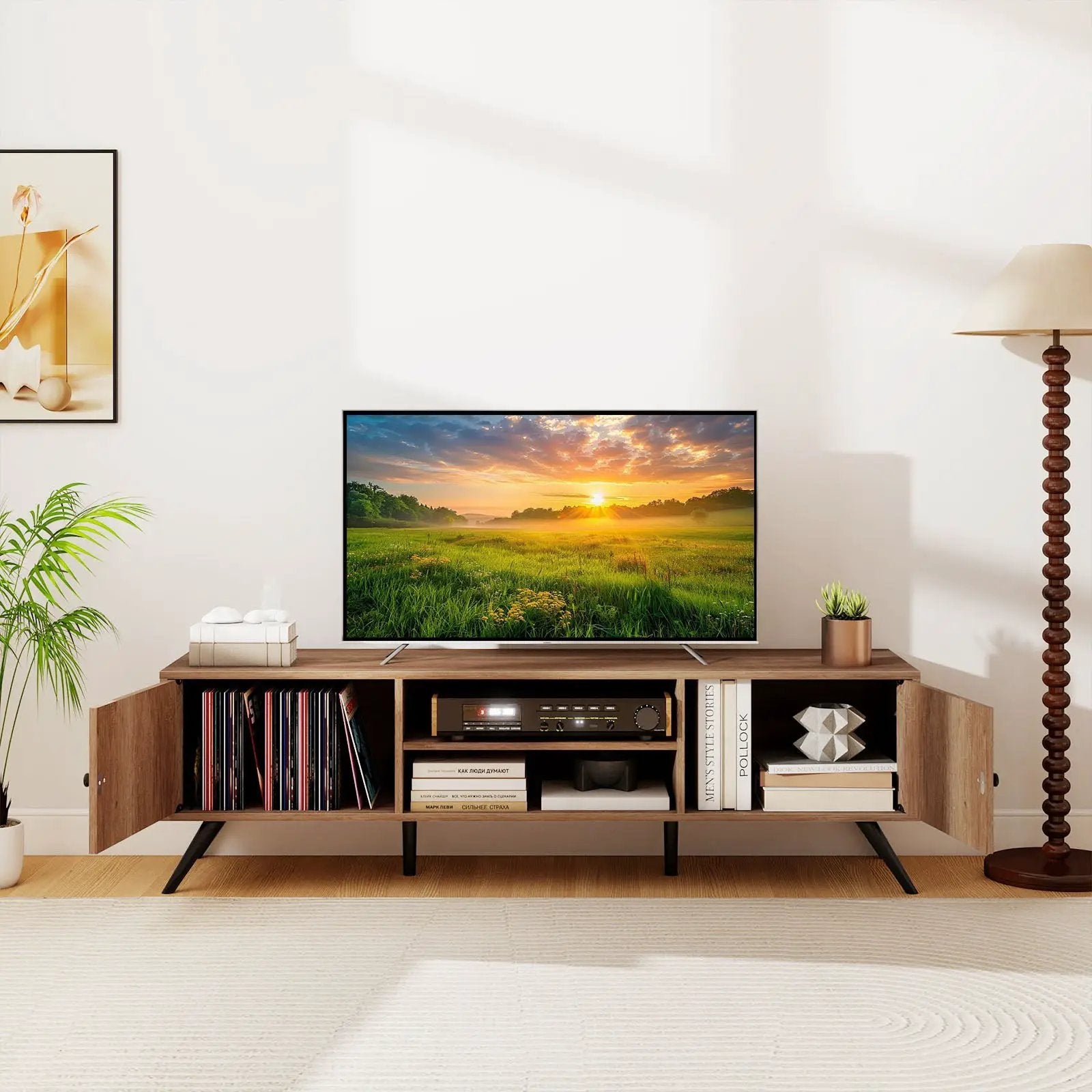 2-Door TV Stand for TVs up to 65 Inch with Open Shelves-Oak by DirectDeals