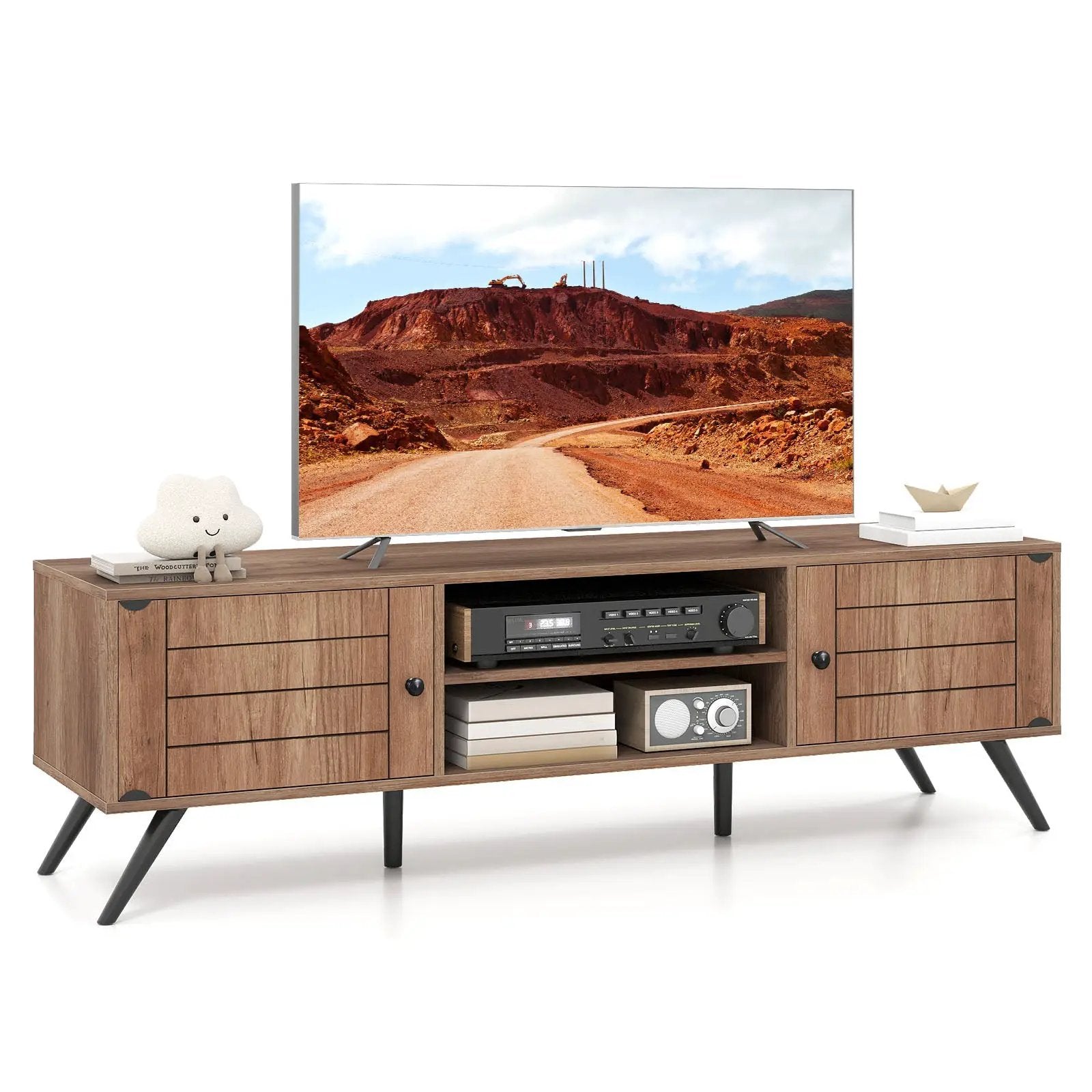 2-Door TV Stand for TVs up to 65 Inch with Open Shelves-Oak by DirectDeals