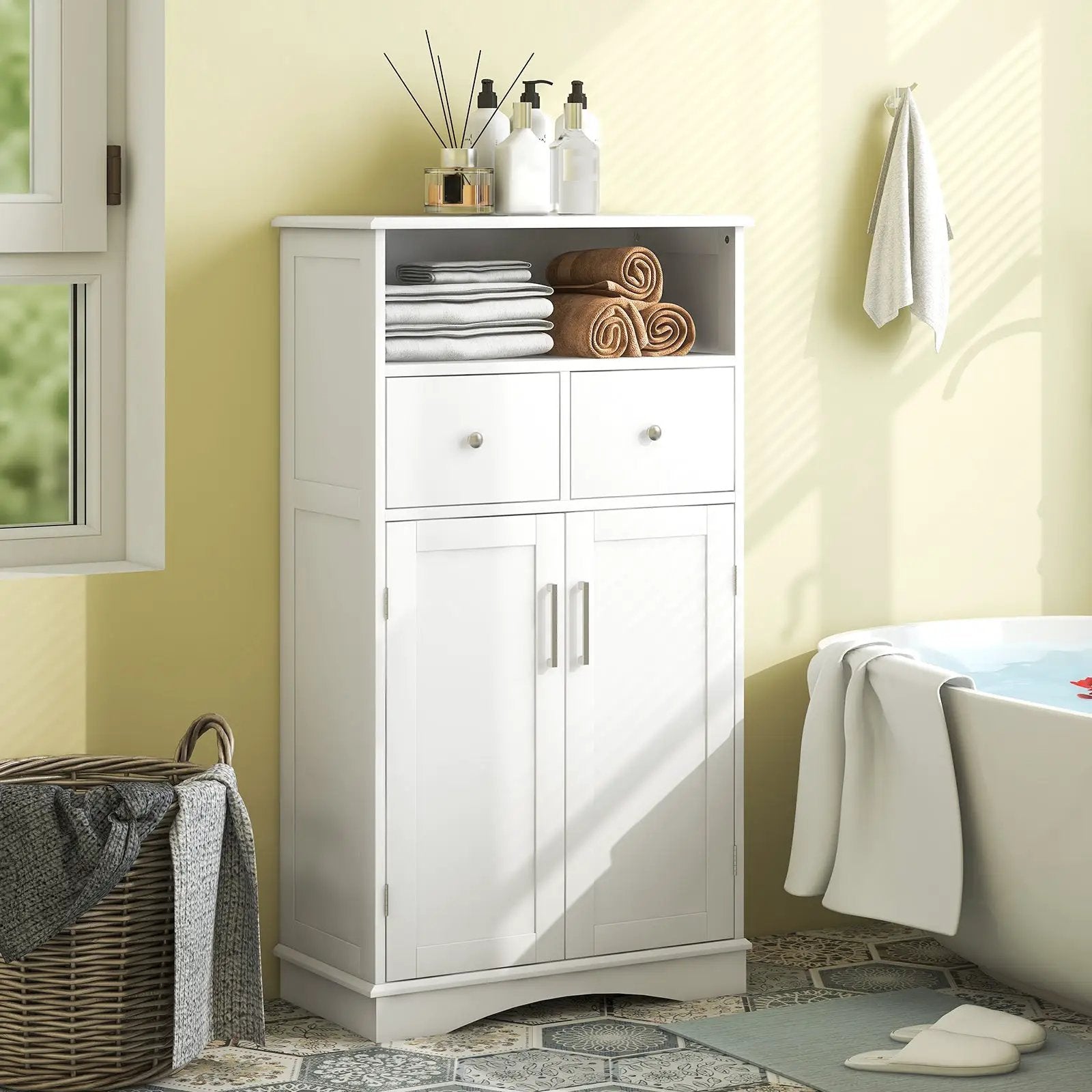 2 Doors Freeestanding Bathroom Floor Cabinet with 2 Drawers and Adjustable Shelves-White by DirectDeals