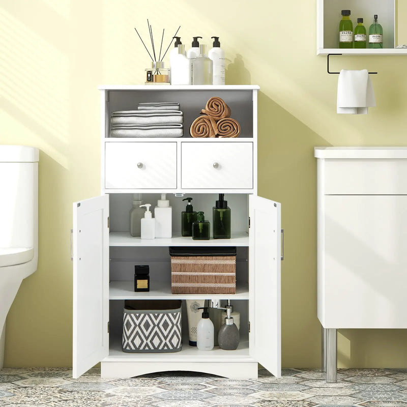 2 Doors Freeestanding Bathroom Floor Cabinet with 2 Drawers and Adjustable Shelves-White by DirectDeals
