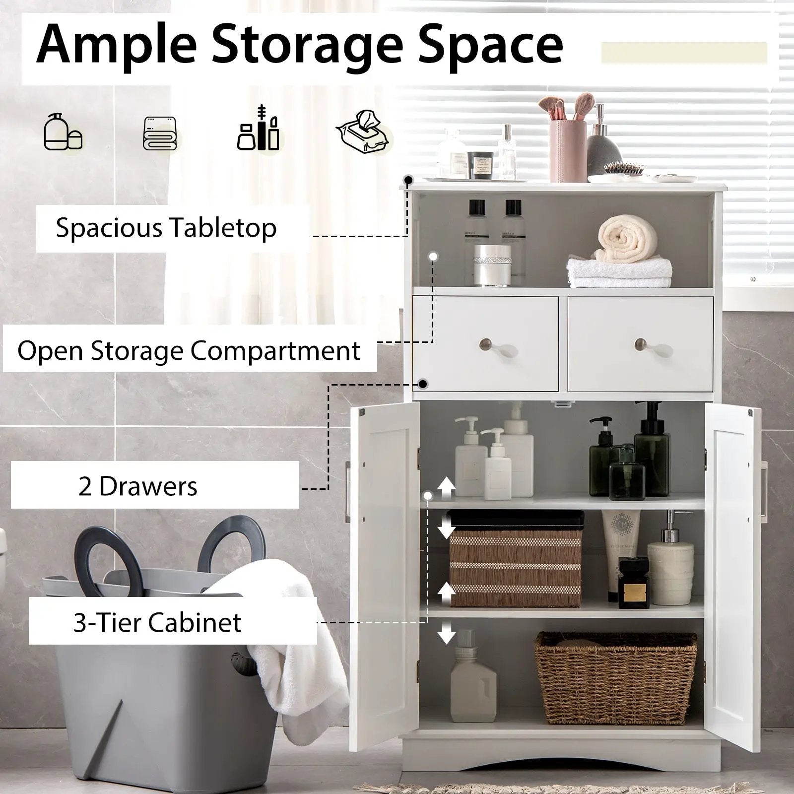 2 Doors Freeestanding Bathroom Floor Cabinet with 2 Drawers and Adjustable Shelves-White by DirectDeals