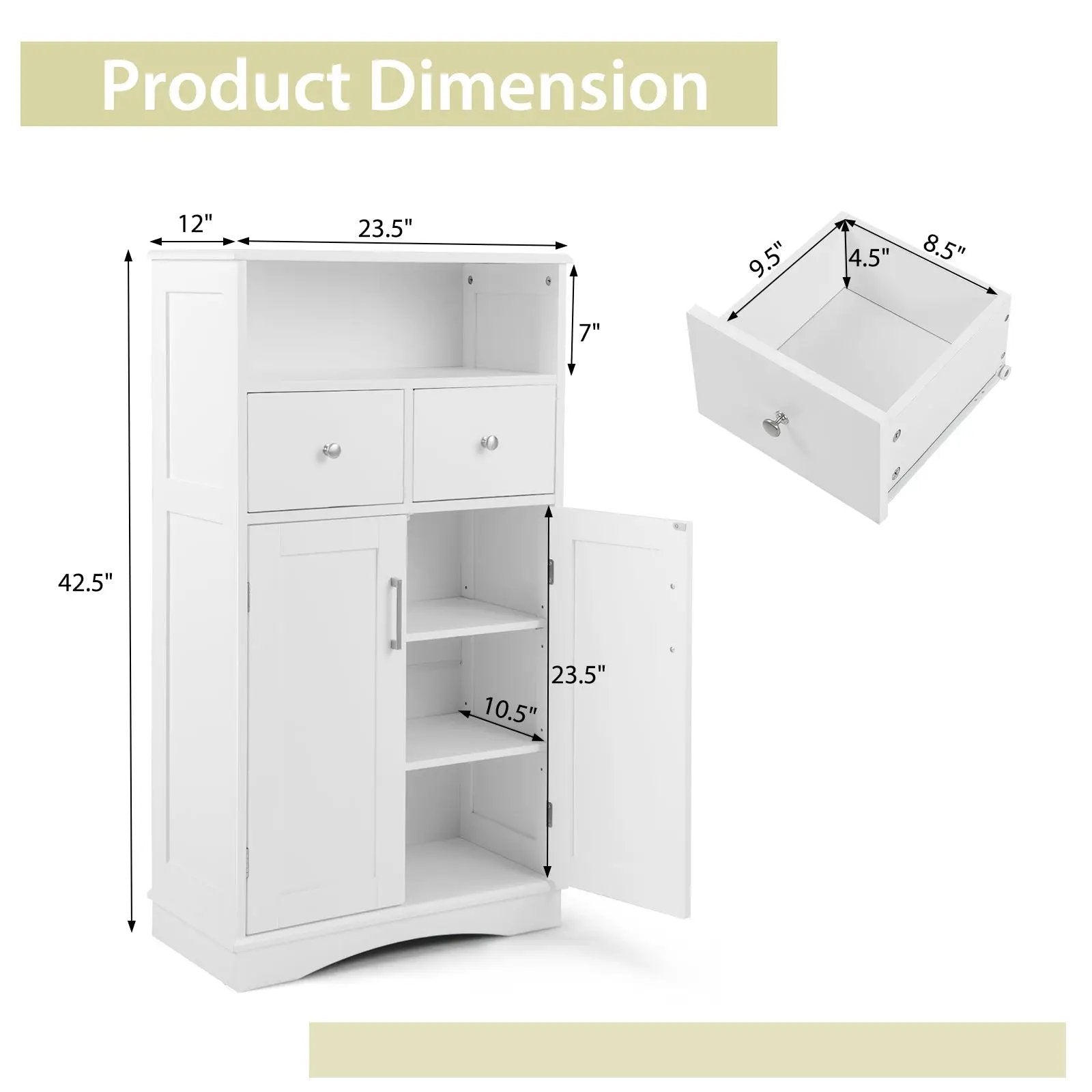 2 Doors Freeestanding Bathroom Floor Cabinet with 2 Drawers and Adjustable Shelves-White by DirectDeals