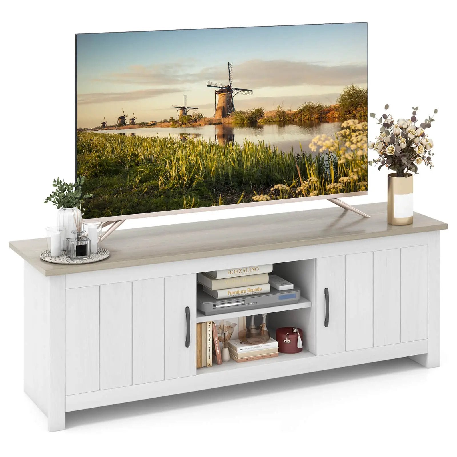 TV Stand with 2 Cabinets and Open Shelves for TVs up to 65 Inch by DirectDeals