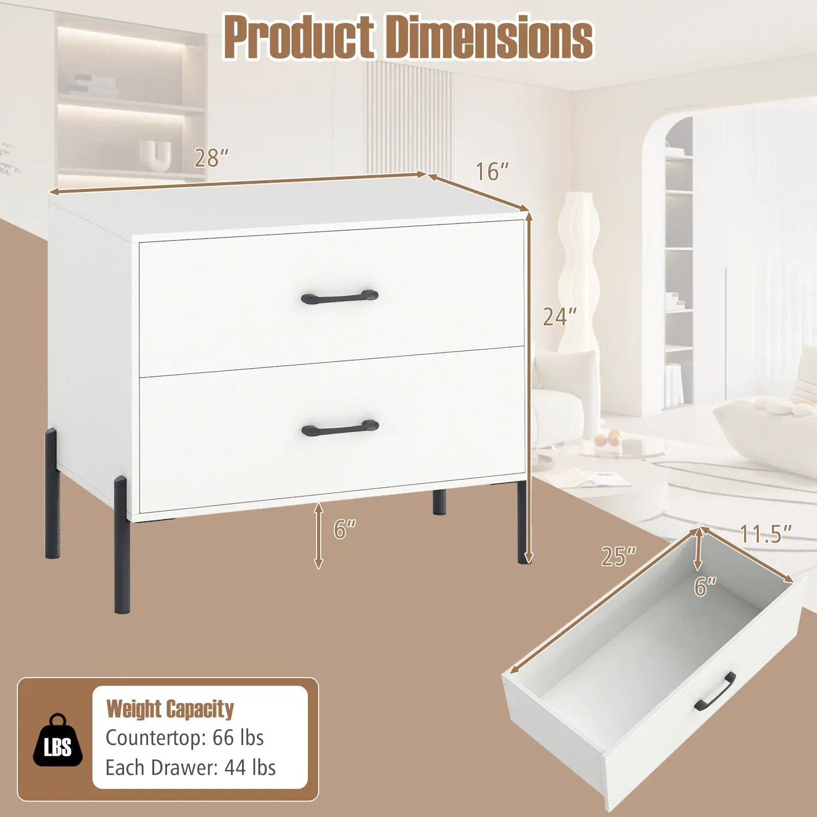 2-Drawer Dresser Modern Wooden Nightstand Set of 2-White by DirectDeals