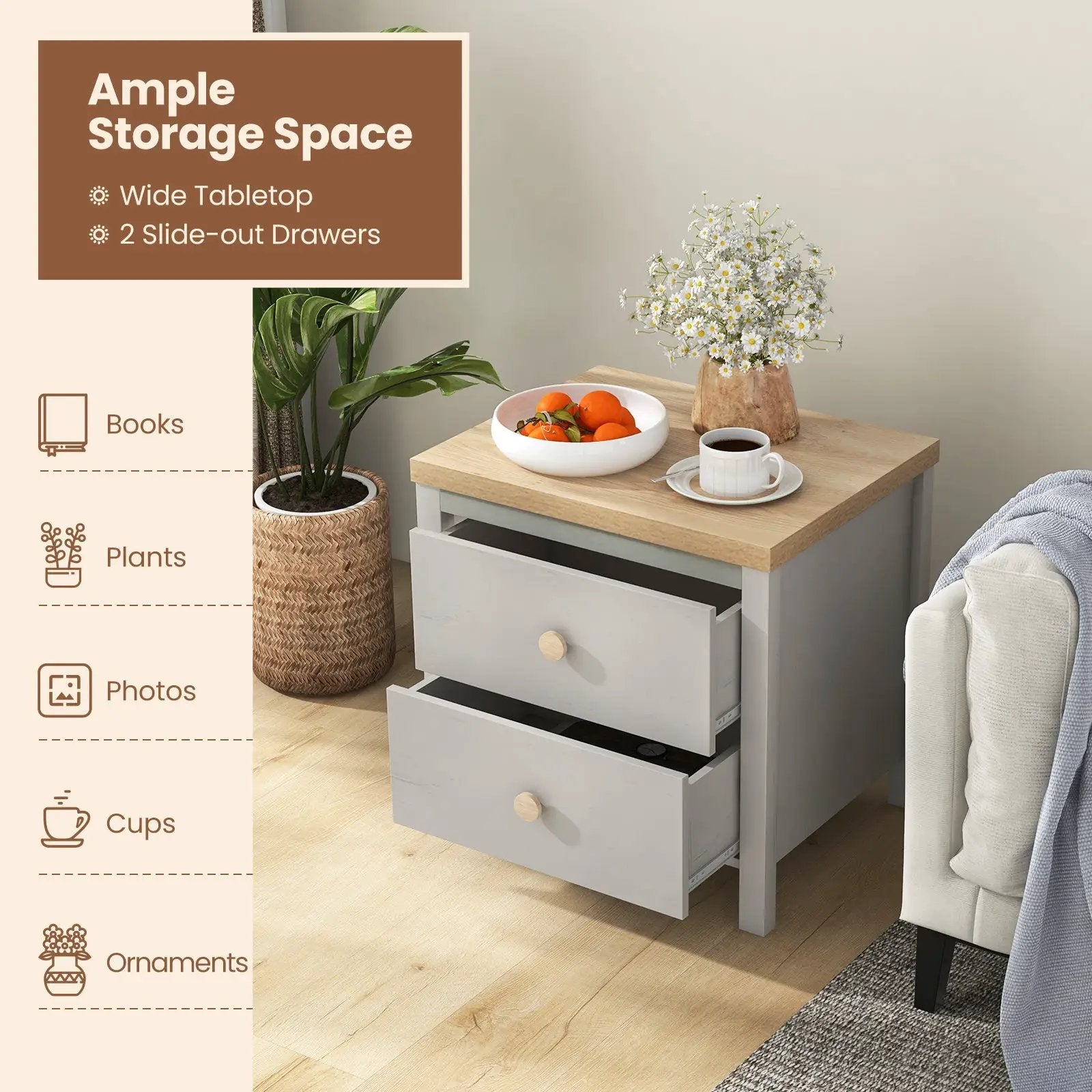 2-Drawer Nightstand with Rubber Wood Legs by DirectDeals