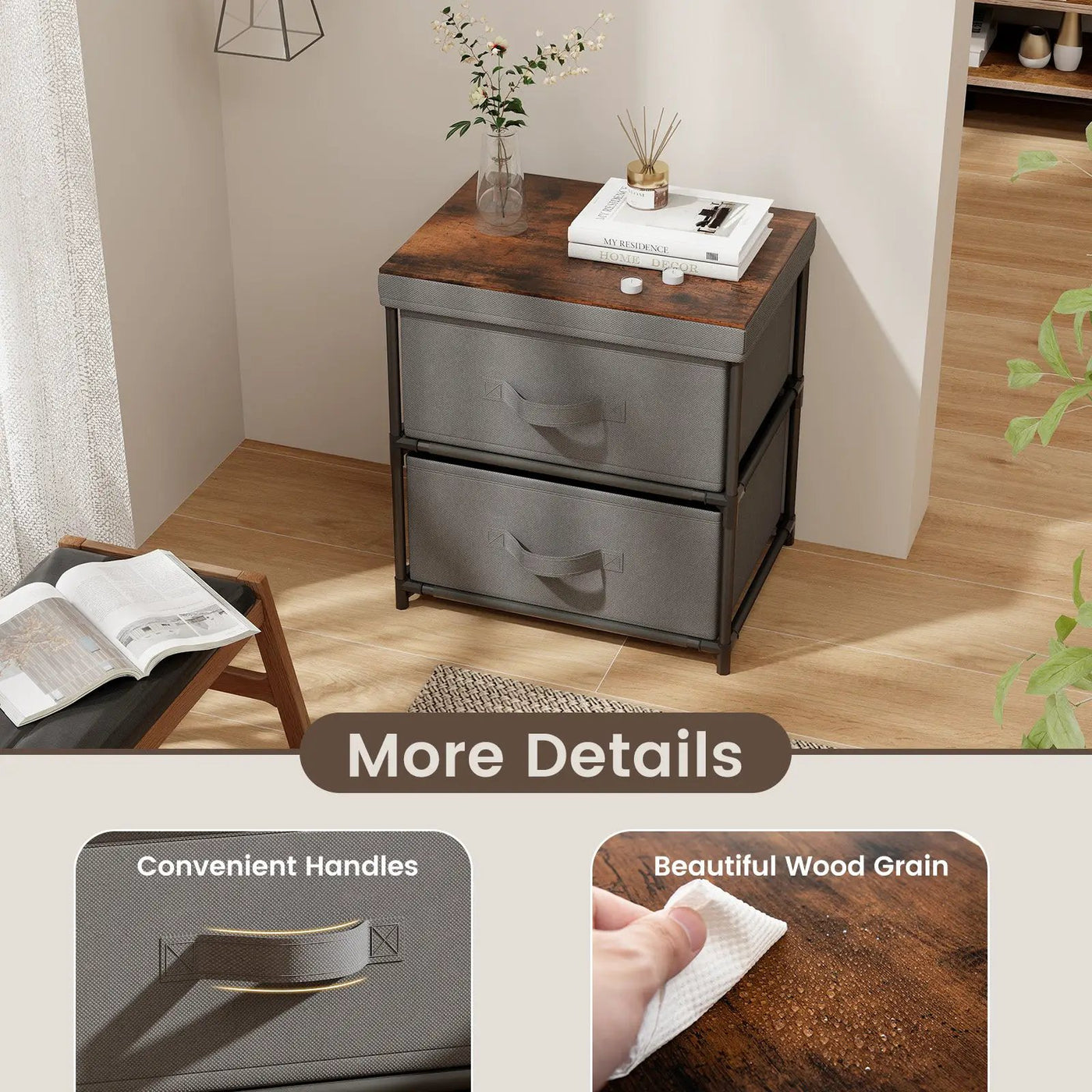 2-Drawer Nightstand with Removable Fabric Bins and Pull Handles by DirectDeals