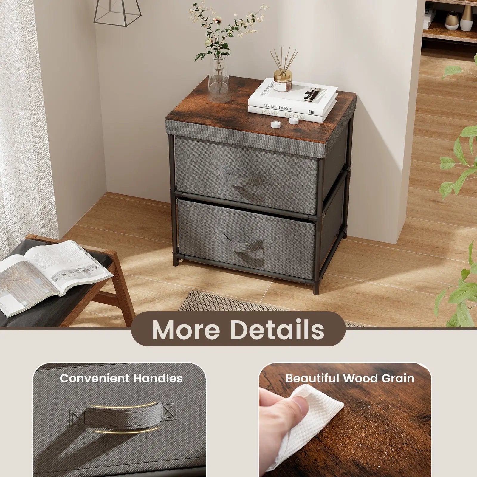 2-Drawer Nightstand with Removable Fabric Bins and Pull Handles by DirectDeals