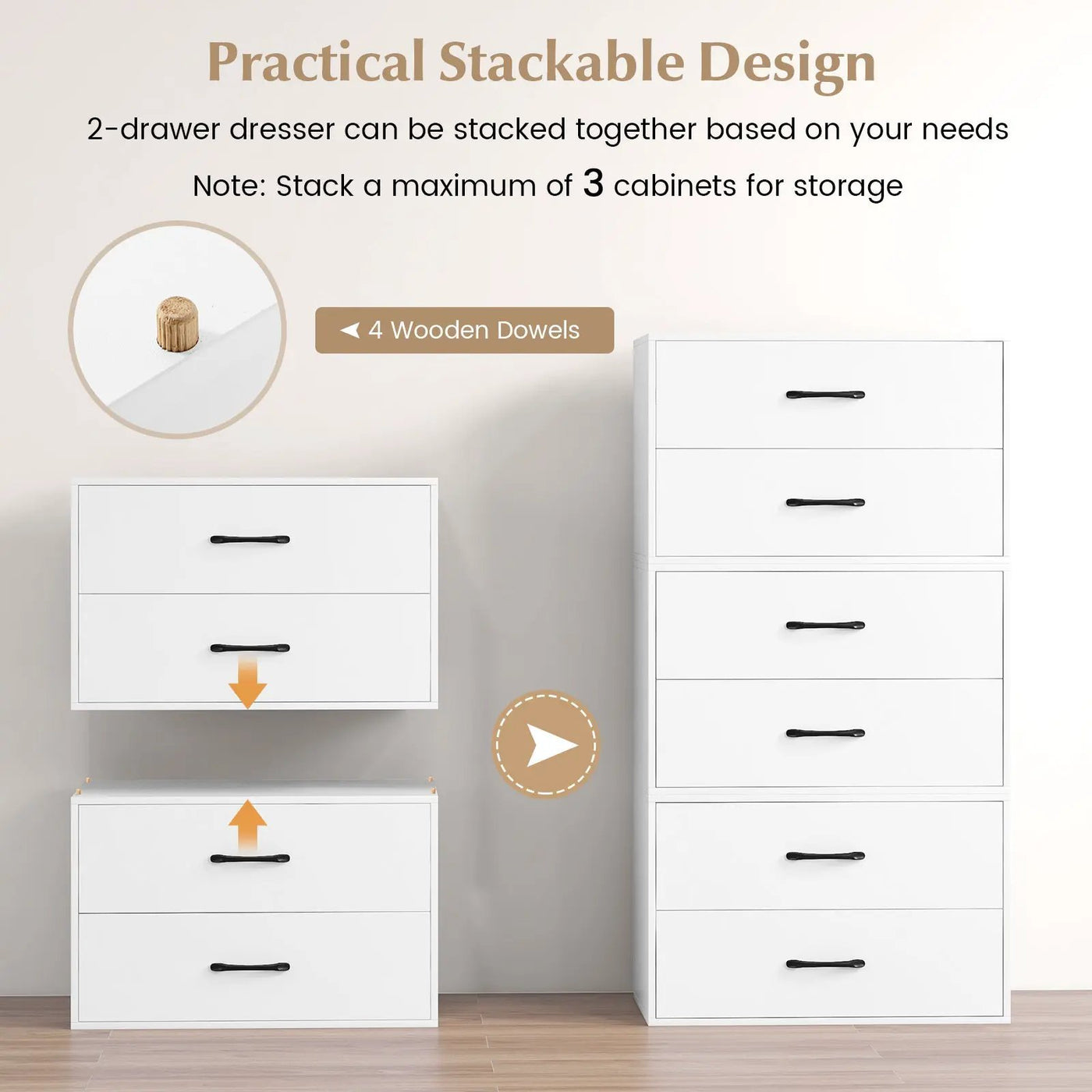 2-Drawer Stackable Horizontal Storage Cabinet Dresser Chest with Handles by DirectDeals
