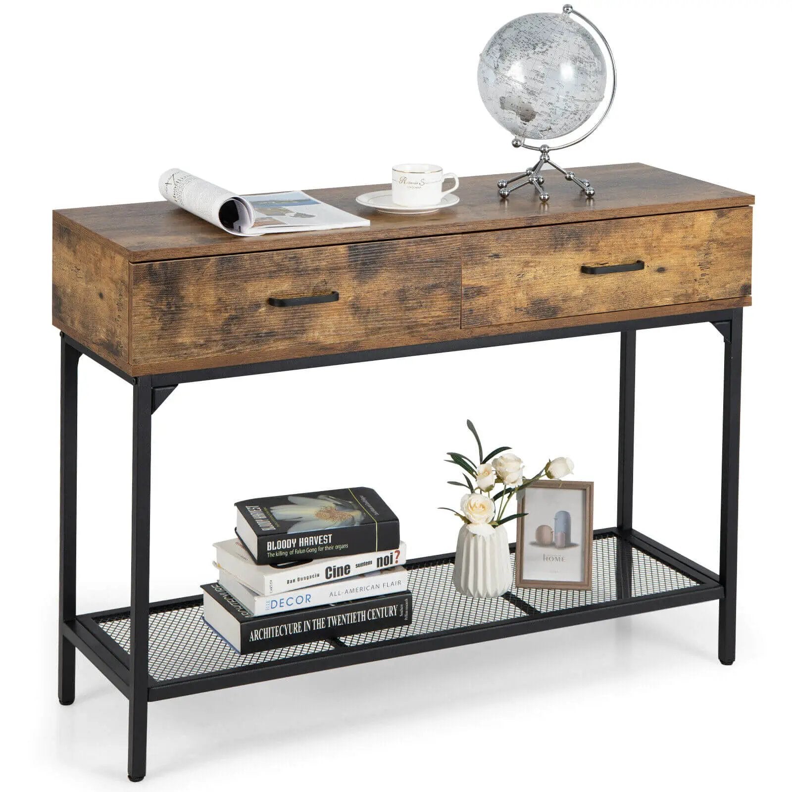 2 Drawers Industrial Console Table with Steel Frame for Small Space-Rustic Brown by DirectDeals