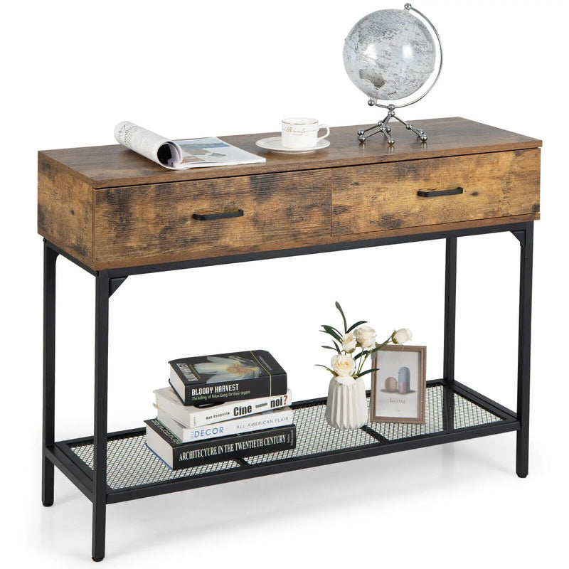 2 Drawers Industrial Console Table with Steel Frame for Small Space-Rustic Brown by DirectDeals