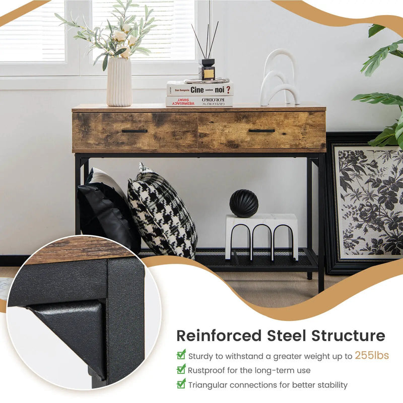 2 Drawers Industrial Console Table with Steel Frame for Small Space-Rustic Brown by DirectDeals