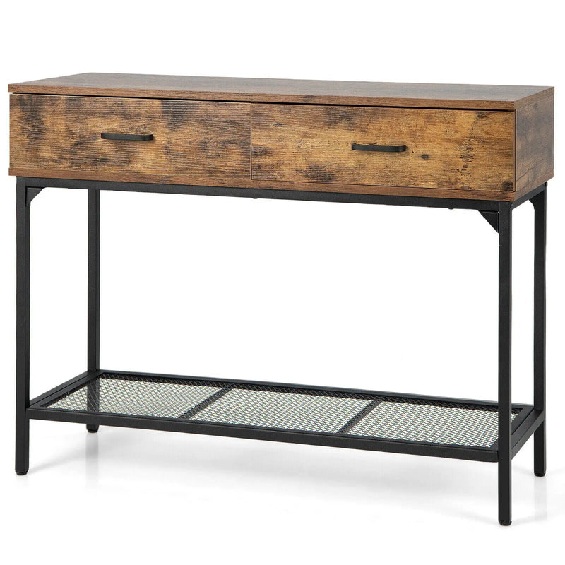 2 Drawers Industrial Console Table with Steel Frame for Small Space-Rustic Brown by DirectDeals