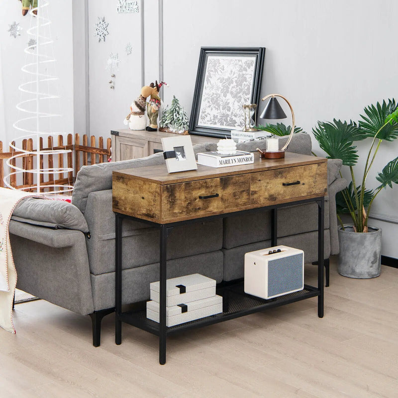 2 Drawers Industrial Console Table with Steel Frame for Small Space-Rustic Brown by DirectDeals