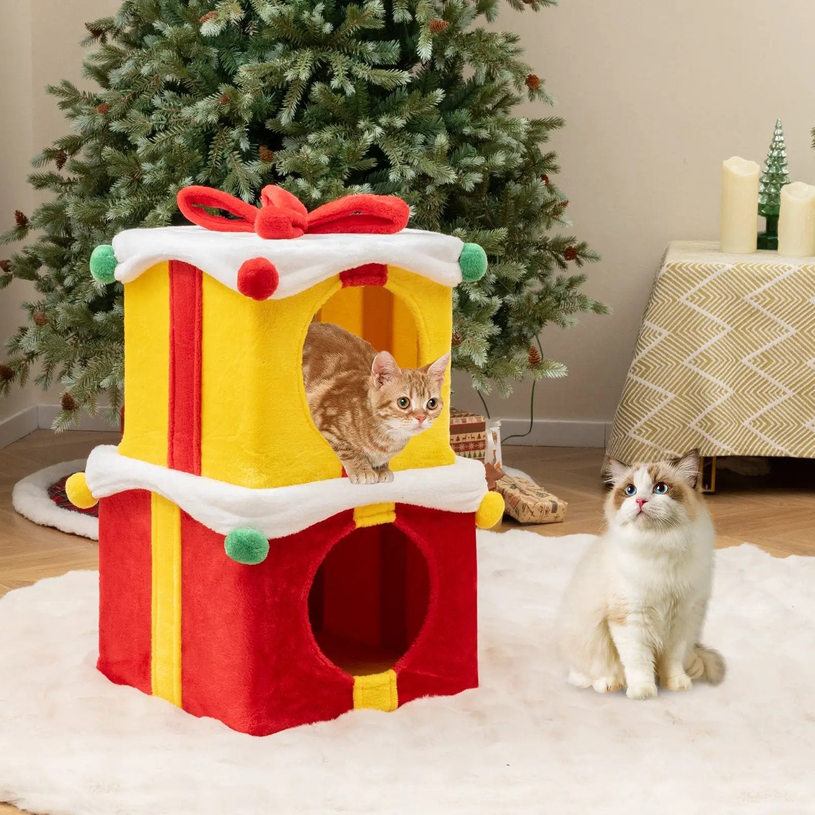 2 Gift Box Shaped Cute Christmas Cat House with Bow-Multicolor by DirectDeals