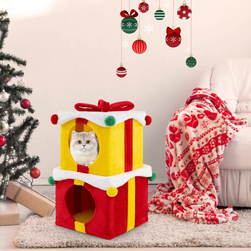 2 Gift Box Shaped Cute Christmas Cat House with Bow-Multicolor by DirectDeals