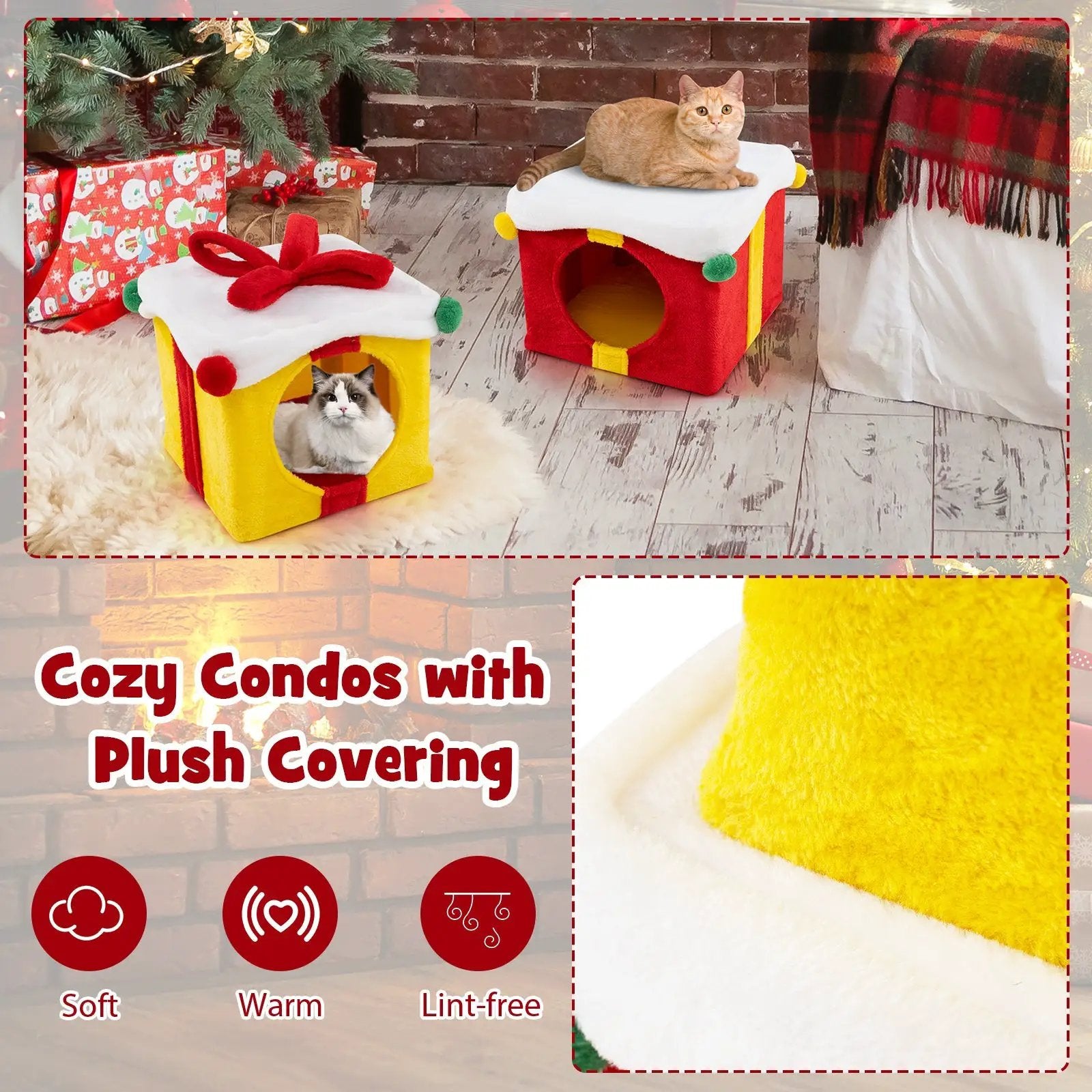 2 Gift Box Shaped Cute Christmas Cat House with Bow-Multicolor by DirectDeals