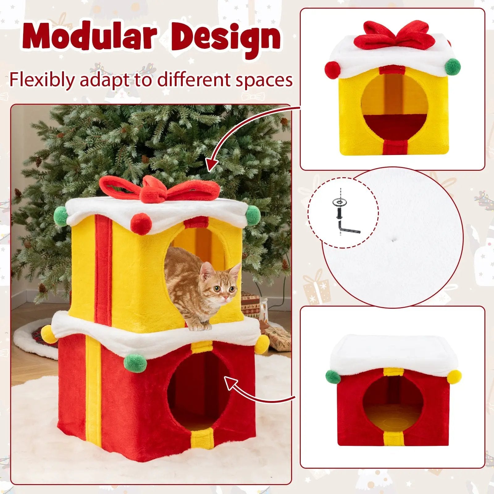 2 Gift Box Shaped Cute Christmas Cat House with Bow-Multicolor by DirectDeals