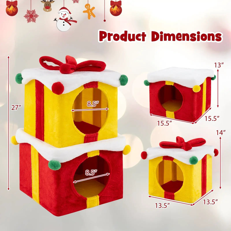 2 Gift Box Shaped Cute Christmas Cat House with Bow-Multicolor by DirectDeals