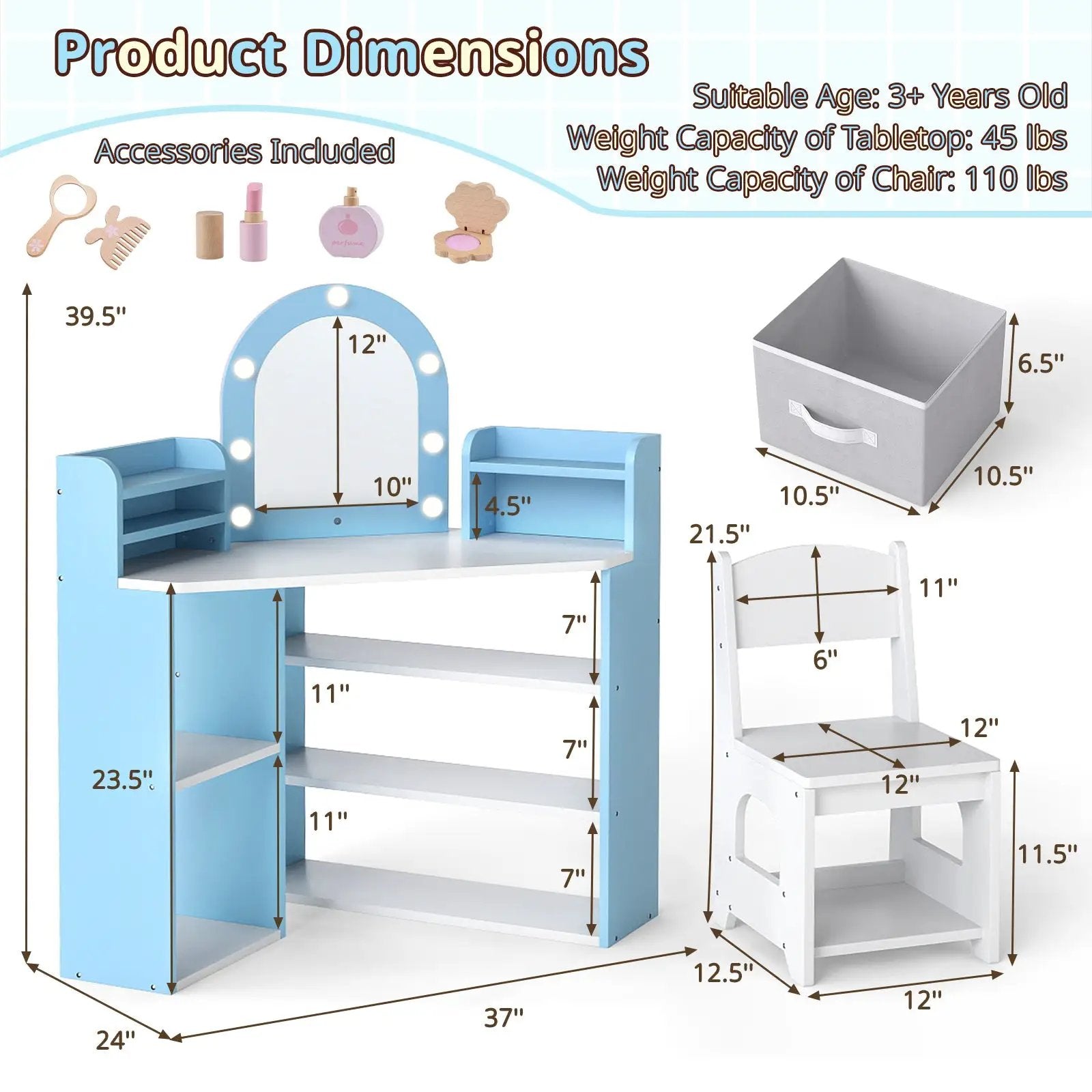 2-In-1 Kids Vanity Set with Lights for Toddlers 3+ Years Old by DirectDeals