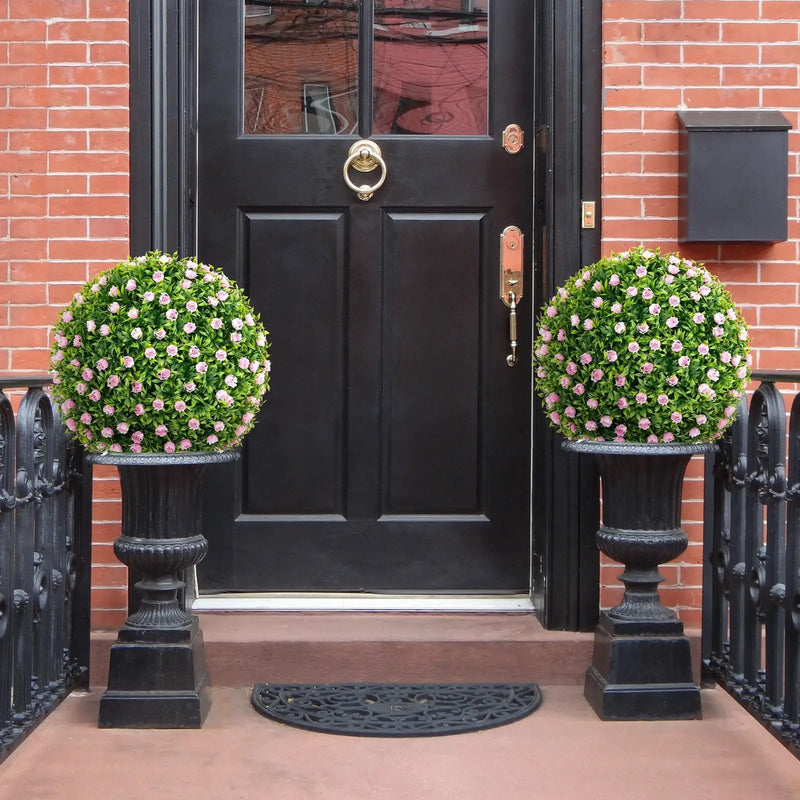 2 PCS Artificial Plant Topiary Balls 17.5 Inch Faux Decorative Balls with Pink Flowers by DirectDeals