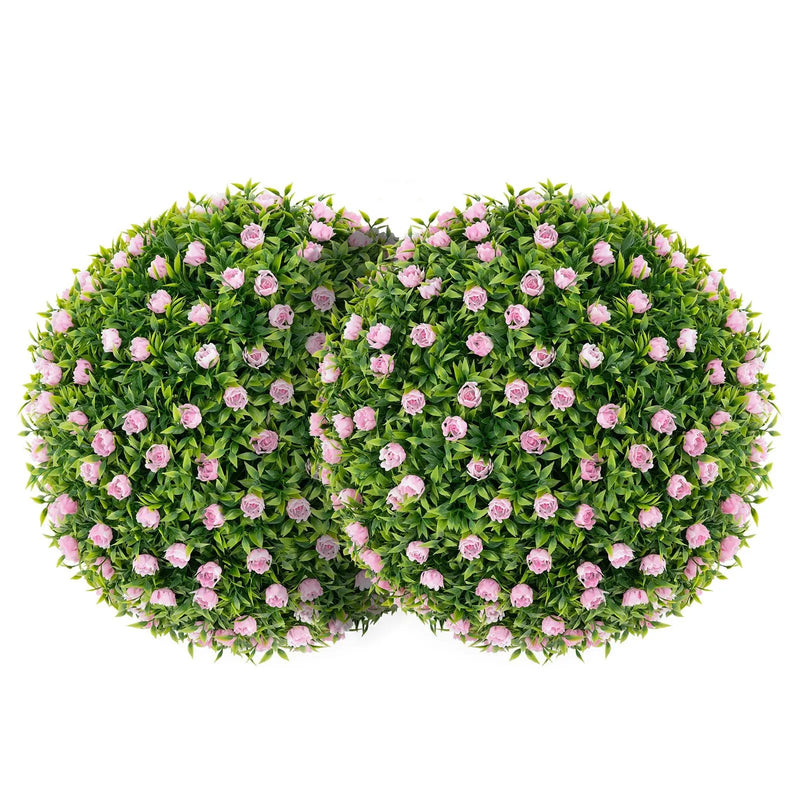 2 PCS Artificial Plant Topiary Balls 17.5 Inch Faux Decorative Balls with Pink Flowers by DirectDeals