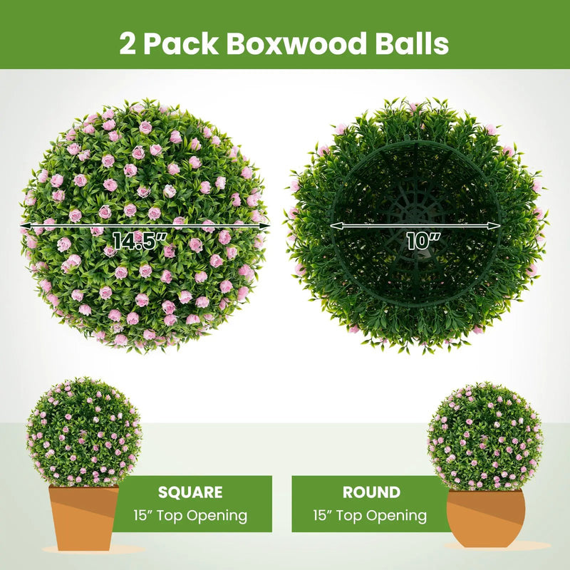 2 PCS Artificial Plant Topiary Balls 17.5 Inch Faux Decorative Balls with Pink Flowers by DirectDeals