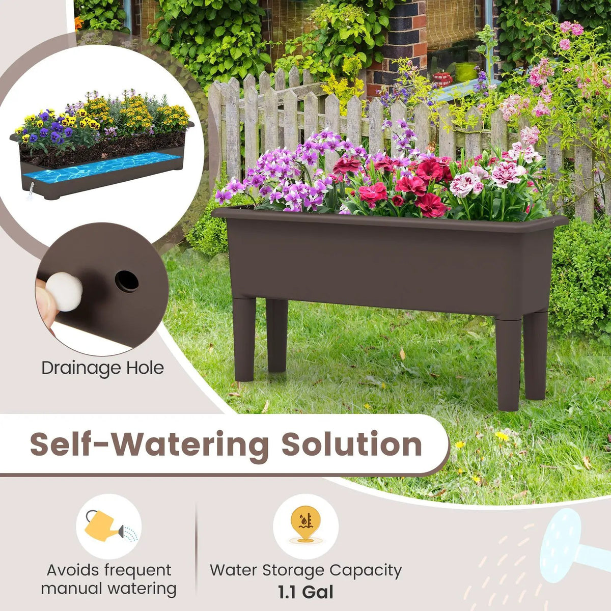 2 PCS Raised Garden Beds Self-Watering Planter Box with Detachable Legs and Drainage Hole by DirectDeals