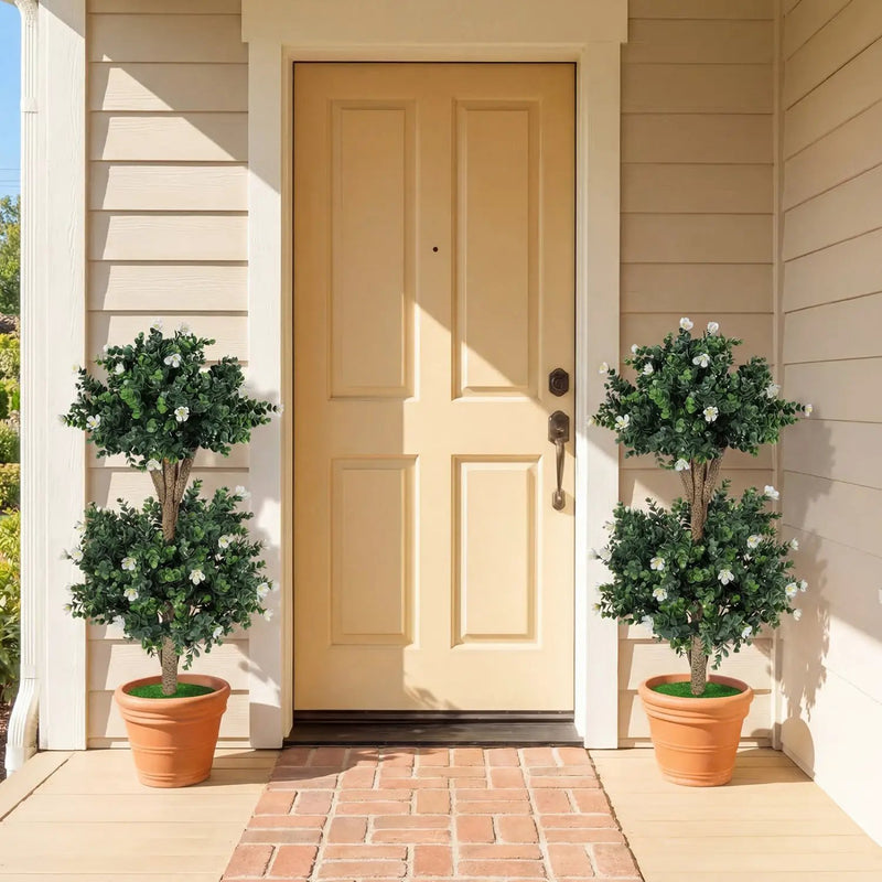2 Pack 36" Artificial Double Ball Boxwood Topiary Tree with 41 Blossoms by DirectDeals