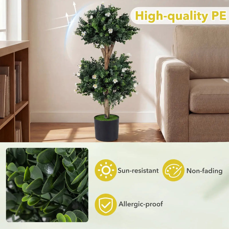 2 Pack 36" Artificial Double Ball Boxwood Topiary Tree with 41 Blossoms by DirectDeals