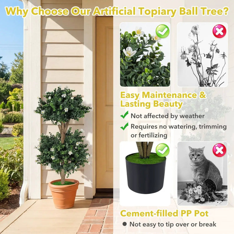 2 Pack 36" Artificial Double Ball Boxwood Topiary Tree with 41 Blossoms by DirectDeals