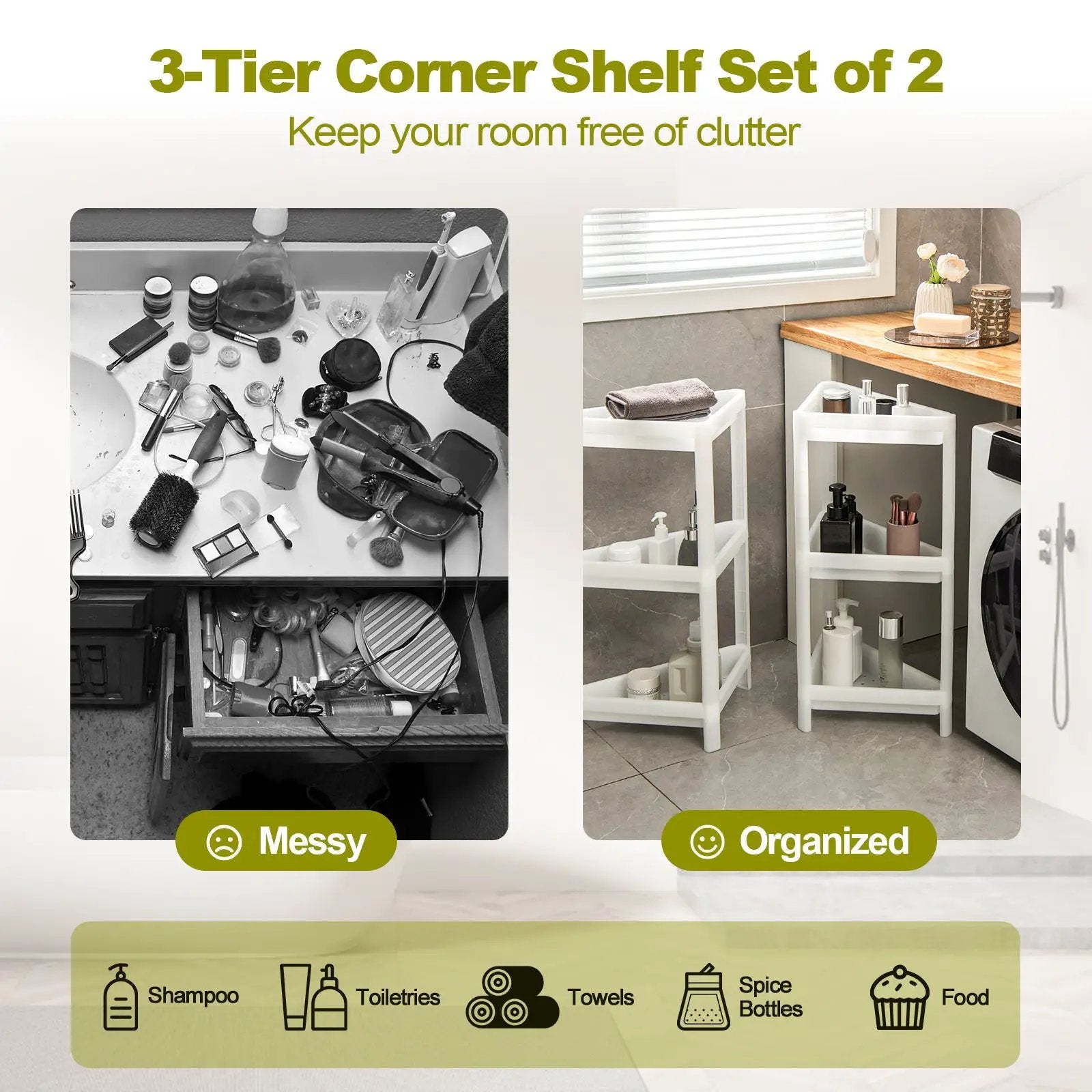 2 Pack 3-Tier Detachable Floor Corner Shower Shelf with Drainage Holes-White by DirectDeals