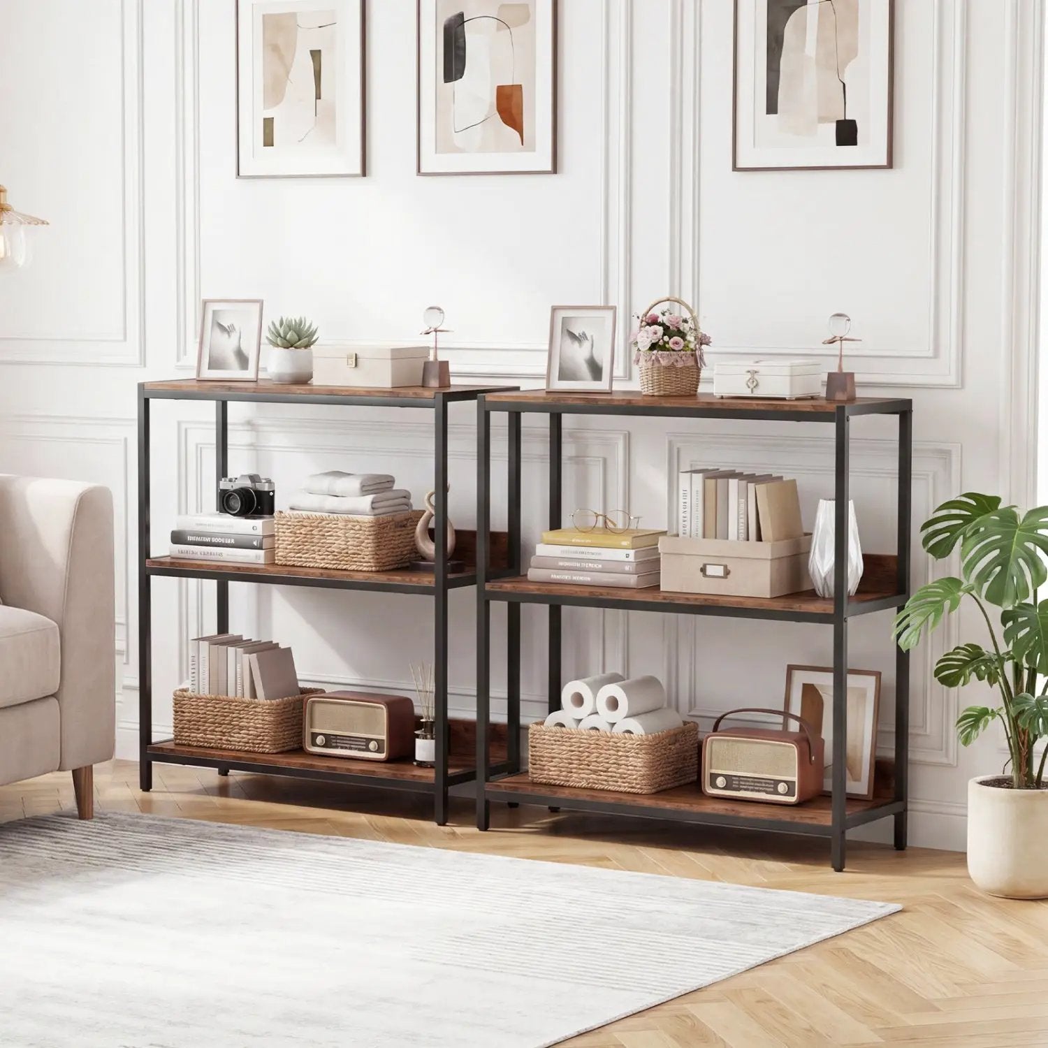 2-Pack 3-Tier Industrial Bookshelf with Metal Frame by DirectDeals