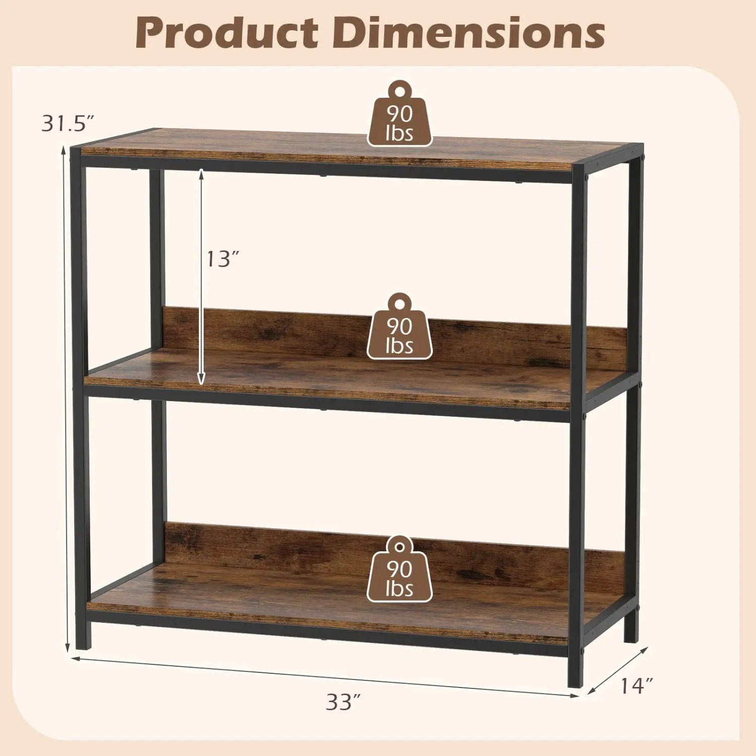 2-Pack 3-Tier Industrial Bookshelf with Metal Frame by DirectDeals