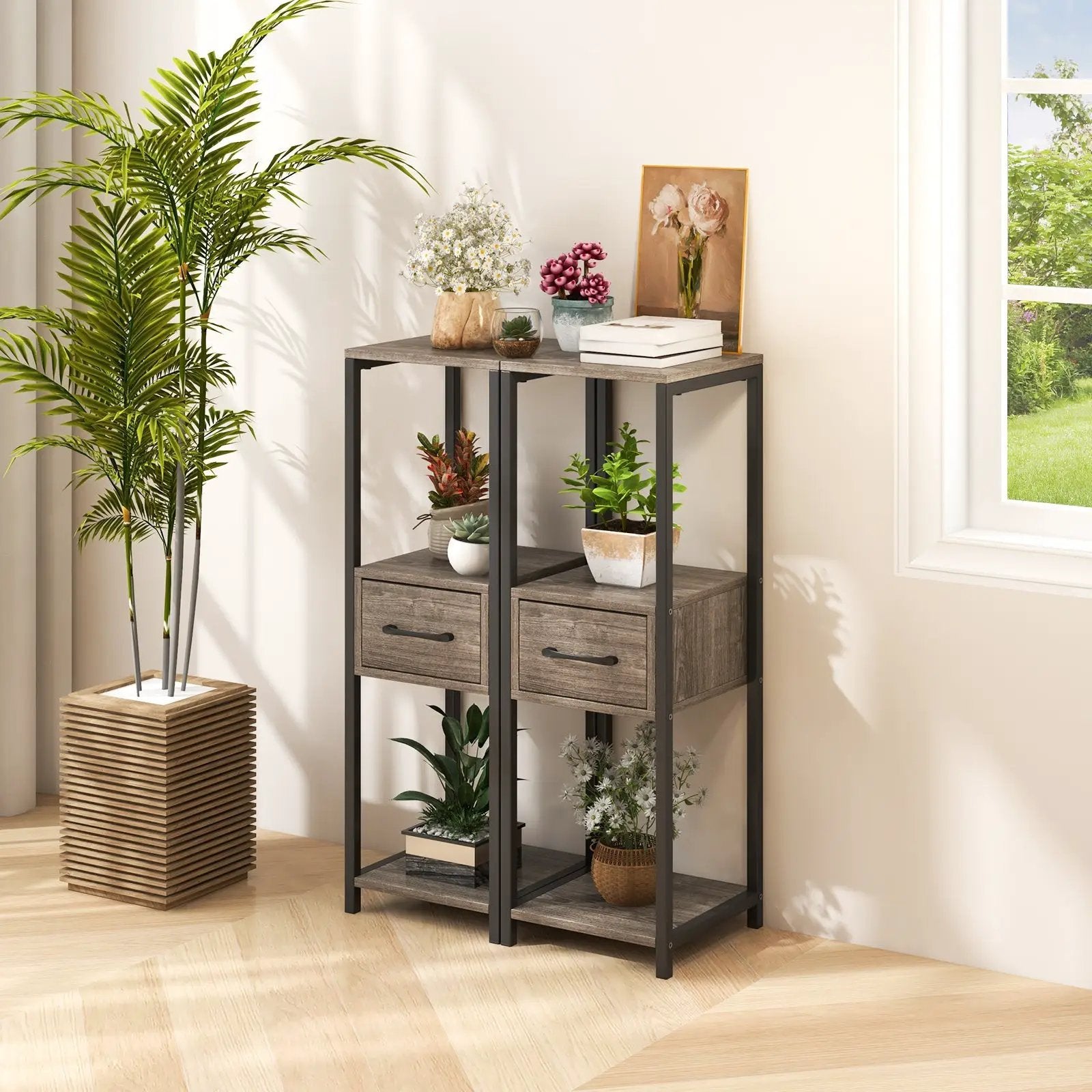 2 Pack 3 Tier Tall Metal Plant Stand with Drawer and Display Shelf-Gray by DirectDeals