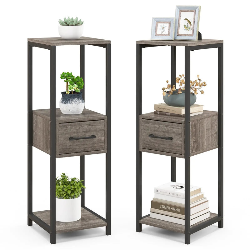 2 Pack 3 Tier Tall Metal Plant Stand with Drawer and Display Shelf-Gray by DirectDeals