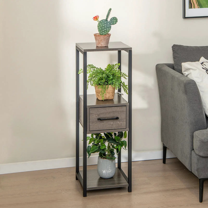 2 Pack 3 Tier Tall Metal Plant Stand with Drawer and Display Shelf-Gray by DirectDeals
