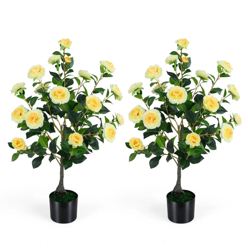 2-Pack Artificial Camellia Tree Faux Flower Plant in Cement-Filled Pot by DirectDeals