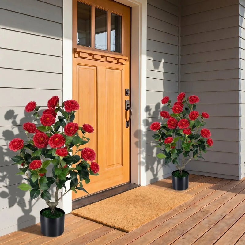 Artificial Camellia Tree in Cement Pot - 35.5" (2-Pack) by DirectDeals