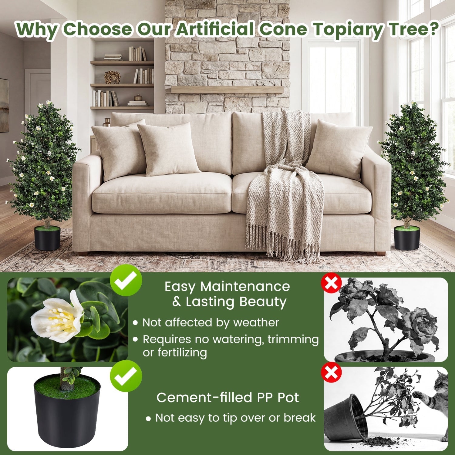 2 Pack Artificial Topiary Cone Tree Faux Potted Shrub Plant with 49 Flowers by DirectDeals