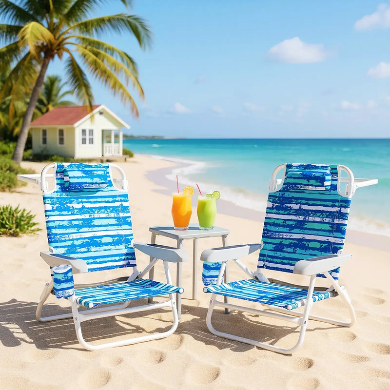 2 Pack Folding Beach Chair with Adjustable Positions and Head Pillow by DirectDeals
